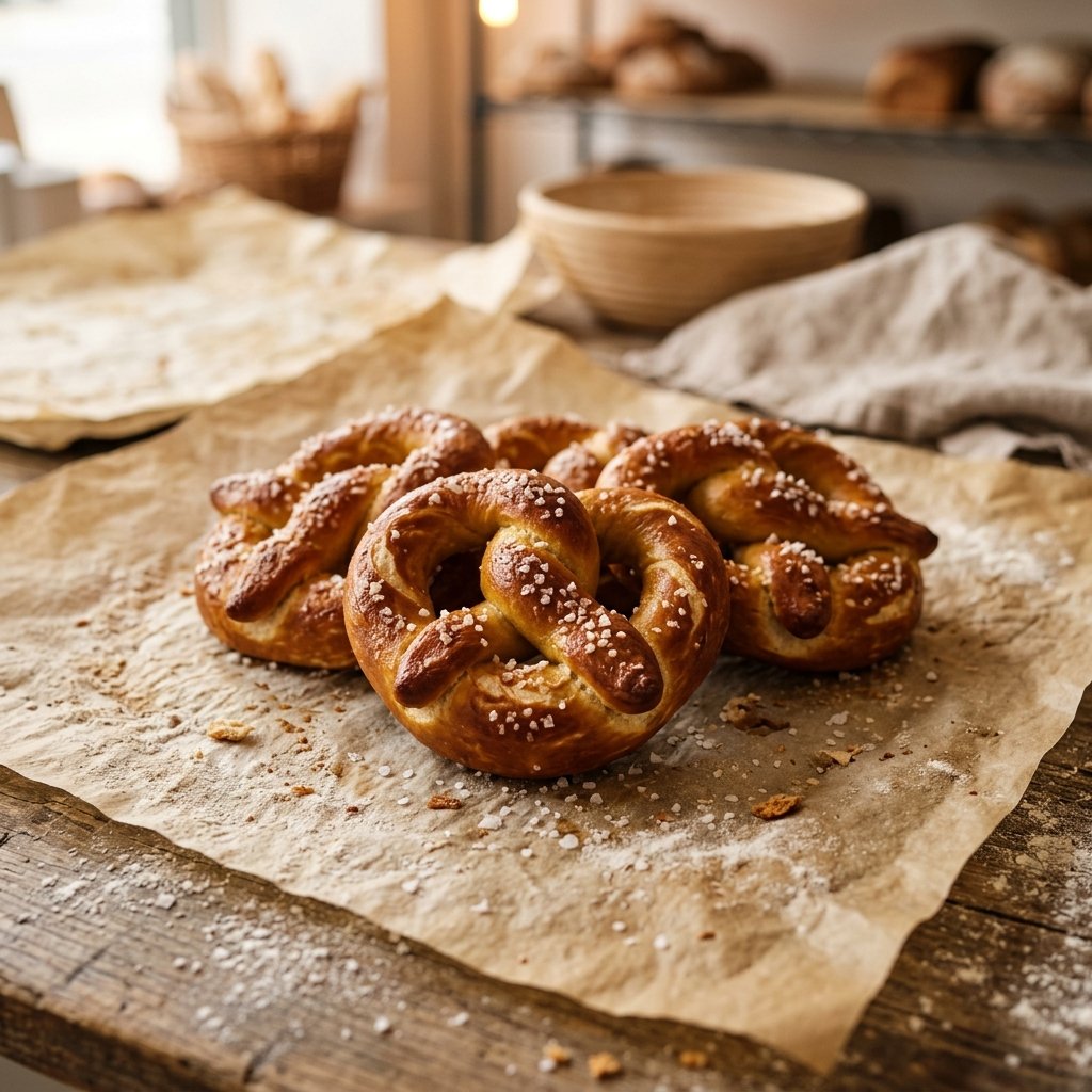 Warm pretzel knots on baking paper